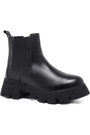 Malbork Coturno Bota Chelsea Feminina Merana Couro Preta Sola Tratorada PE15030P