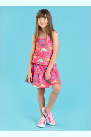 Molekada Infantil - Conjunto Verão Menina Cropped Alcinha E Saia Dino