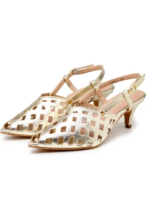 Flor da Pele Sandalia Scarpin Salto Baixo Slingback Bico Fino 6033 Ouro Light- Margarida Ouro Ligth