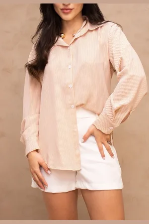 Cia do Vestido Camisa Linho Listras Algodão Over Sized Elegante