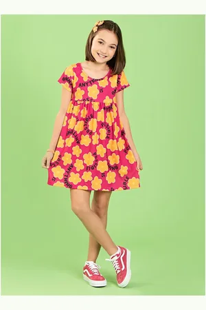 Molekada Infantil - Vestido Florido Menina Magenta Com Manga