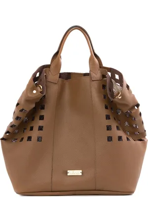 House Of Caju Bolsa Feminina Em Couro Alça De Mão Caramelo Com Roxo "Mariliza Ramos"""