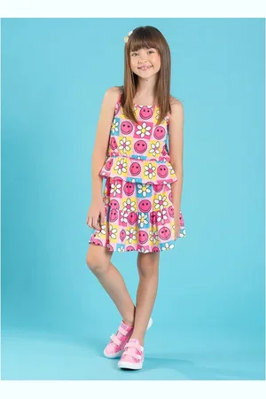 Molekada Infantil - Conjunto Verão Menina Cropped E Saia Com Babado Sorrisos Floridos