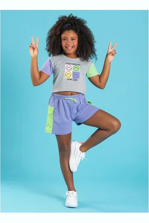 Molekada Infantil - Conjunto Verão Menina Mescla Cropped E Shorts Com Lapela Live Smiling For Life