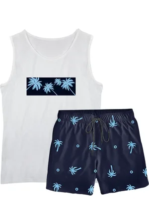Relaxado Conjunto Masculino Camiseta Regata Algodão E Short Tactel Coqueiros