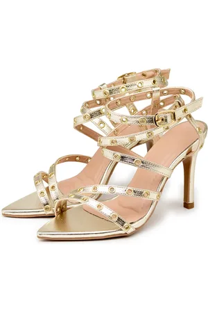 Flor da Pele Sandália Social Feminina Bico Fino Salto Alto Fino Ilhós 6019 Ouro Light