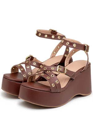 Flor da Pele Sandália Plataforma Anabela Feminina Salto Medio Tiras Ilhós 9100 Cacau
