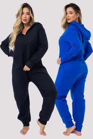 4 Estações Kit 2 Pijamas Soft Feminino Adulto Mulheres Confortável Quentinho Conjunto Plush Roupa Inverno Preto e Azul Royal
