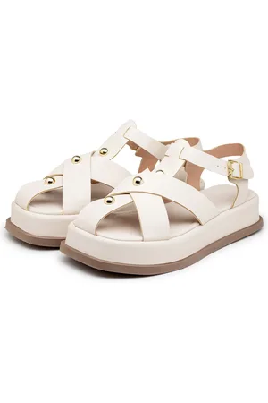 Flor da Pele Sandália Flatform Feminina Tiras Bola Dourado 23401 Off White