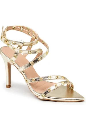 Flor da Pele Sandália Social Feminina Bico Fino Salto Alto Fino Ilhós 6019 Ouro Light