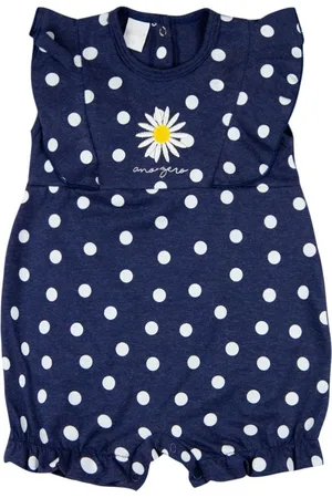 Ano Zero Infantil - Macacão Menina Verão Sem Mangas Malha Sand Color Estampada Bolinhas Bordado Margarida - Marinho