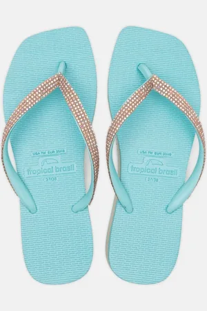 Tropical Brasil Chinelo Tamanco Strass Ciano com Turquesa
