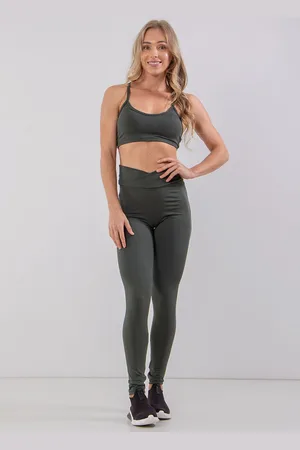 4 Estações Conjunto Feminino Calça Legging Lisa Transpassada com Top Alça Fina Sem Bojo Treino Academia Fitness
