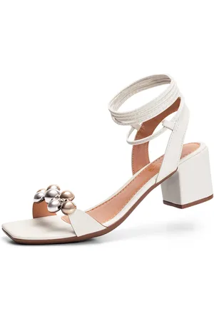 Lumiss Sandália Feminina Salto Baixo Bloco Confortável Amarração Enfeite Off White