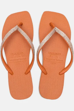 Tropical Brasil Chinelo Tamanco Anabela Strass Ocre com Branco