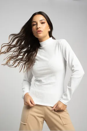 Vicbela Blusa Feminina Canelada Gola Alta Manga Longa Básica