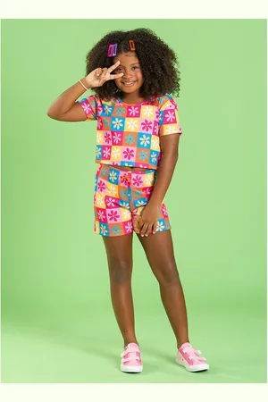 Molekada Infantil - Conjunto Verão Menina Cropped e Shorts Com Cadarço Florido