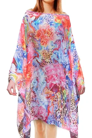 101 Resort Wear Vestido Kaftan Saída Amplo Crepe Semitransparente Onça Flor Rosa Azul