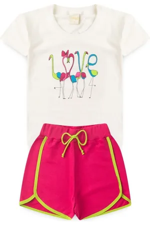 Molekada Infantil - Conjunto Verão Menina Natural Blusa e Shorts Boxeador Flamingo