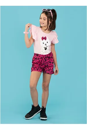 Molekada Infantil - Conjunto Verão Menina Blusa e Shorts Com Faixa Cachorrinha