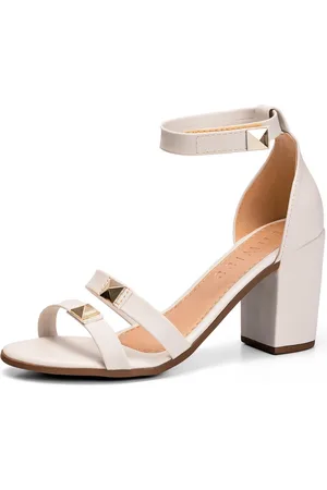 Lumiss Sandália Feminina Salto Alto Bloco Confortável Tiras Spike Off White