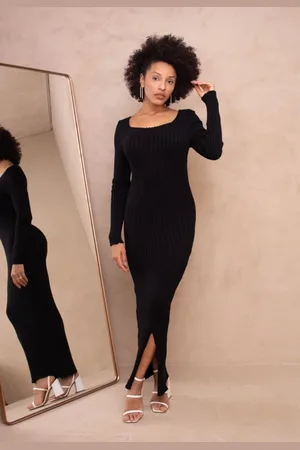 Cia do Vestido Vestido Midi Tubinho Tricot Decote Manga Longa Elegante Decote Quadrado