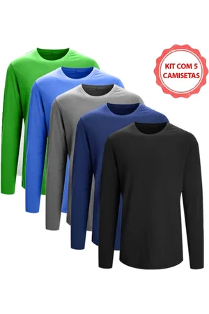Slim Fitness Kit com 5 Camisetas Básicas Manga Longa Homens Tecido Confort Cores Sortidas