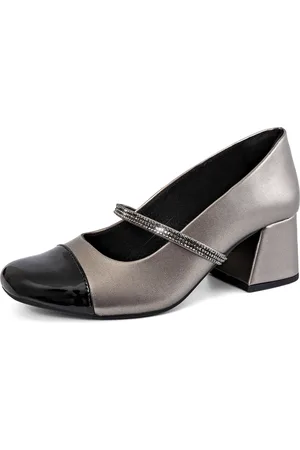 Lumiss Scarpin Feminino Mary Jane Boneca Bicolor Salto Bloco Confortável Strass Brilho Prata