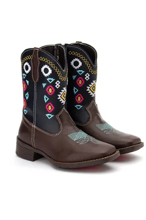 Kapell Bota Country Feminina em Couro Café Bordado Tribal