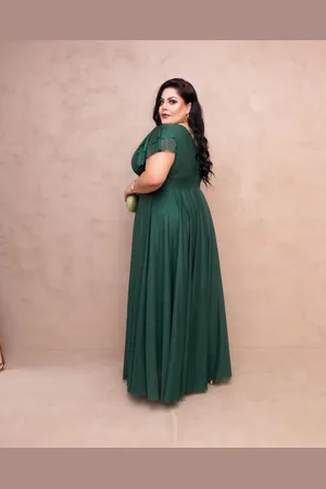 Cia do Vestido Vestido Longo de Festa Madrinhas Plus Size Curvy Decote em V com Brilho Elegante Hellony Esmeralda