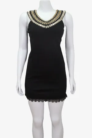 EMIGÊ Vestido Spezzato Curto Strass Renda Preto Produto Gentilmente Usado