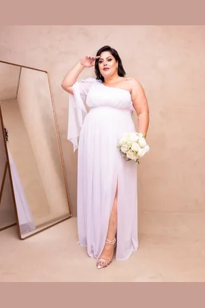 Cia do Vestido Vestido Longo Noiva Noivado Casamento Civil Plus Size uma Manga com Brilho Elegante Amyla