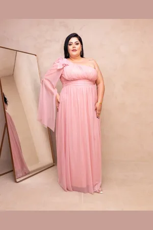 Cia do Vestido Vestido Longo de Festa Madrinhas Plus Size uma Manga com Brilho Elegante Amyla Rosé