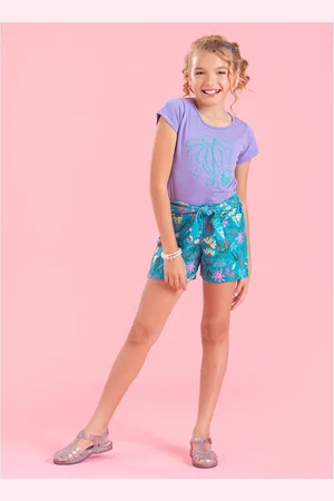 Molekada Infantil - Conjunto Verão Menina Tulipa Blusa e Shorts Com Faixa Sobreposta Flor