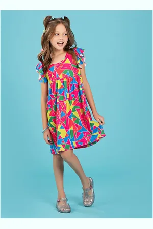 Molekada Infantil - Vestido Menina Cereja Com Manga Babado Geométrico