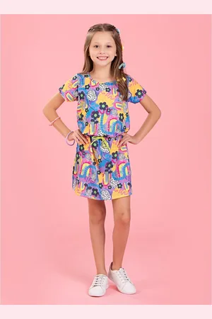 Molekada Infantil - Vestido Menina Tulipa Com Manga e Cadarço Neon na Cintura