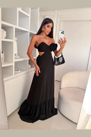 Cia do Vestido Vestido Longo de Festa Tomara que Caia Abertura Lateral com Flor Elegante Suellye