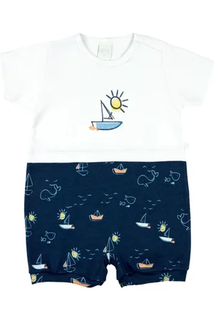 Ano Zero Infantil - Macacão Menino Verão Suedine Estampado Manga Curta Barquinhos - Marinho