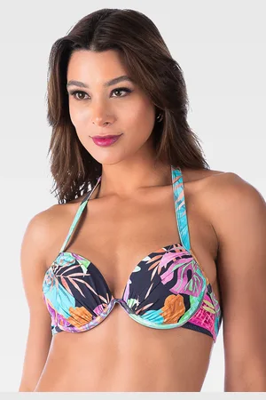 Summer Soul Top Franzido Com Bojo Meia Taça e Aro Folhagem Marinho