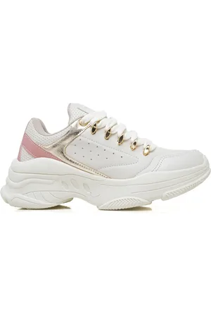 OUSY SHOES Tênis Casual Esportivo Feminino Ultra Leve Confortável Para Bike Caminhada Branco com Dourado