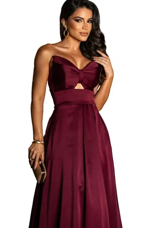 Cia do Vestido Vestido Longo de Festa Tomara que Caia Decote Borboleta Madrinhas com Fenda Elegante Borbélly Marsala