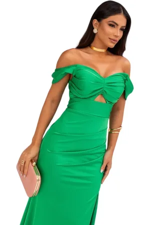 Cia do Vestido Vestido Longo de Festa Tubinho Seria Ombro à Ombro Elegante Lomyli Esmeralda