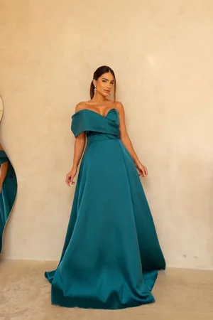Cia do Vestido Vestido Longo de Festa Madrinhas um Ombro com Fenda Premium Elegante Dodeny Petróleo