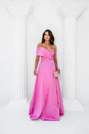Cia do Vestido Vestido Longo de Festa Madrinhas um Ombro com Fenda Premium Elegante Dodeny chiclete