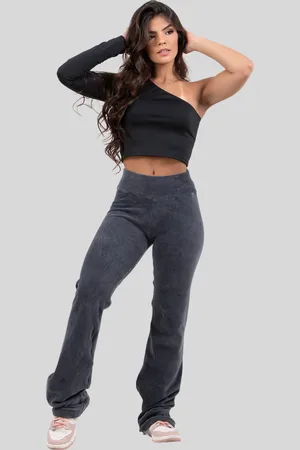 Diluxo Calça Flare Veludo Cotelê Cintura Alta Chumbo