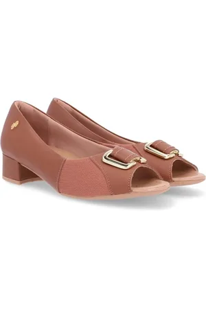 USAFLEX Peep Toe Couro Salto Bloco Enfeite Metal - Marrom