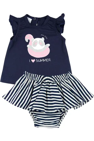 Ano Zero Infantil - Conjunto Menina Cotton Liso e Listrado Panda I Love Summer - Marinho