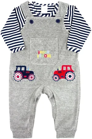 Ano Zero Infantil - Macacao Salopete Menino Plush com Body Malha Listrada Bordados Aplicados de Tratores - Mescla