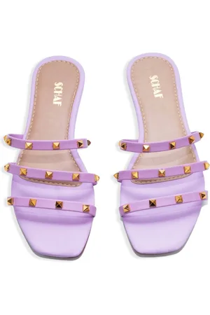 ANTILOP´S Sandalia Rasteira Feminina De Tiras Finas Lilas Com Taxas Dourada Em Couro