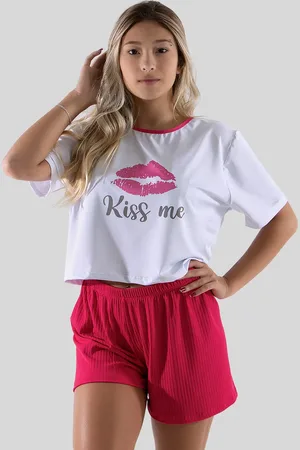 Linha Noite Pijama Feminino Curto Baby Doll Short Ribana + Cropped Soltinho Malha Estampado